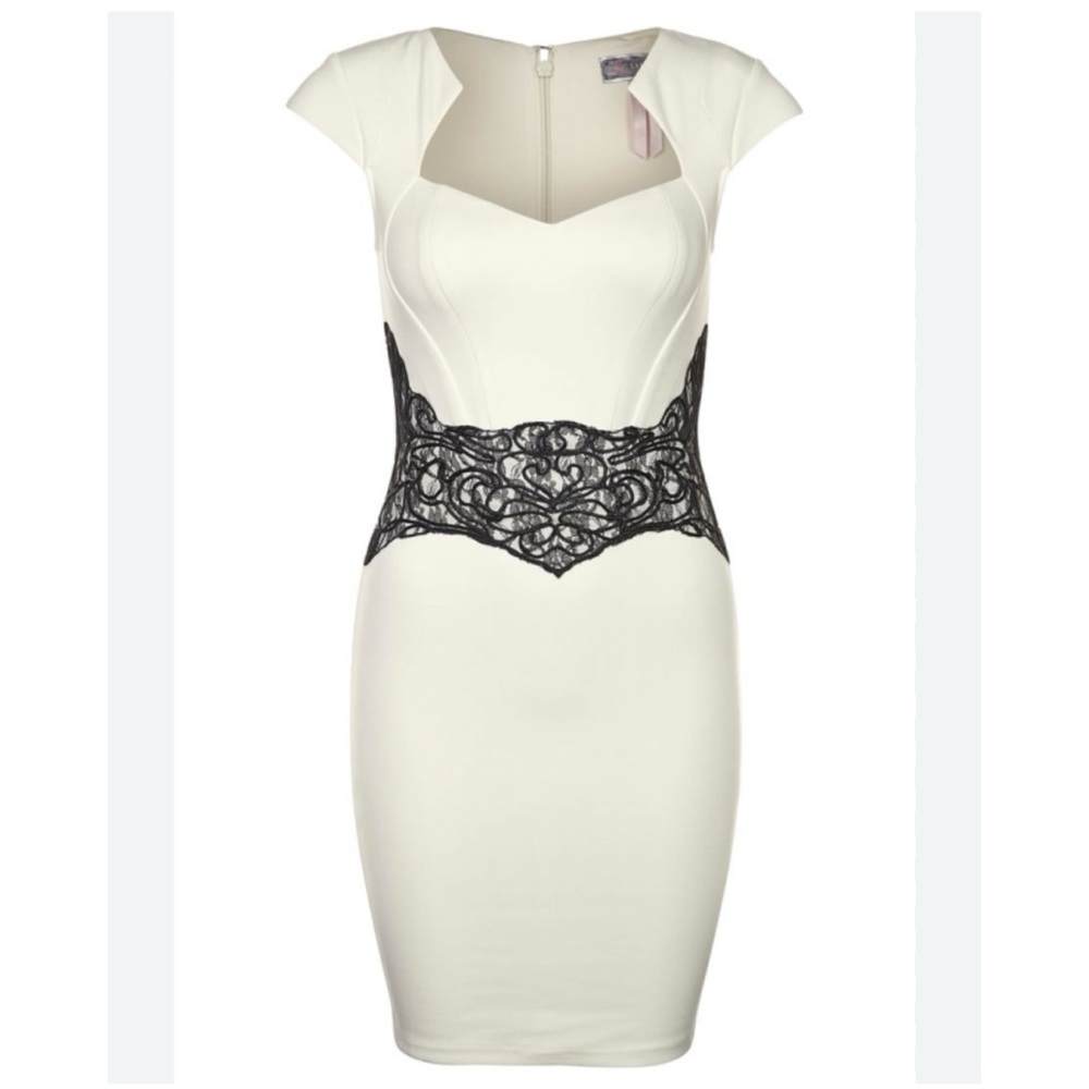 New, stylish, cream dress with black lace detail